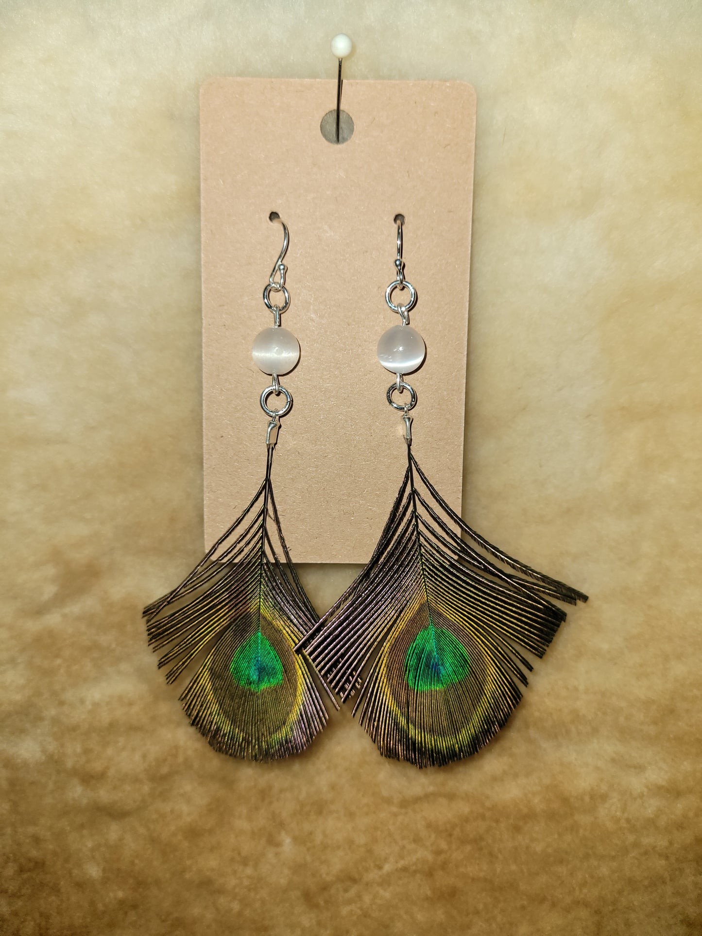 Peacock and Selenite Earrings Sterling Silver