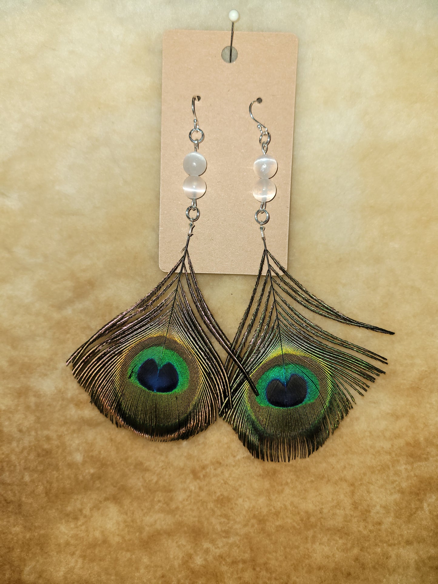 Peacock and Selenite Earrings Sterling Silver