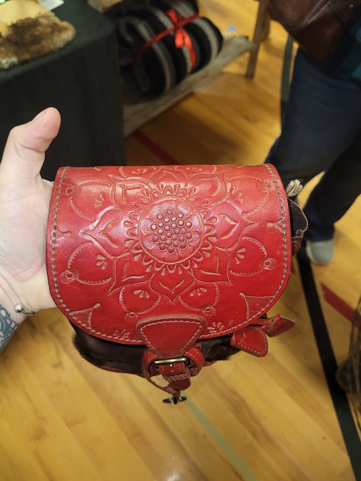 Twin Drawstring Red Tooled and Cow Hide Purse