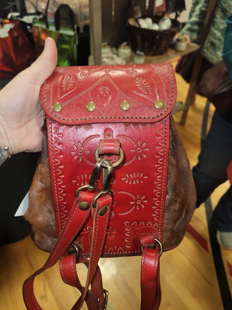 Twin Drawstring Red Tooled and Cow Hide Purse