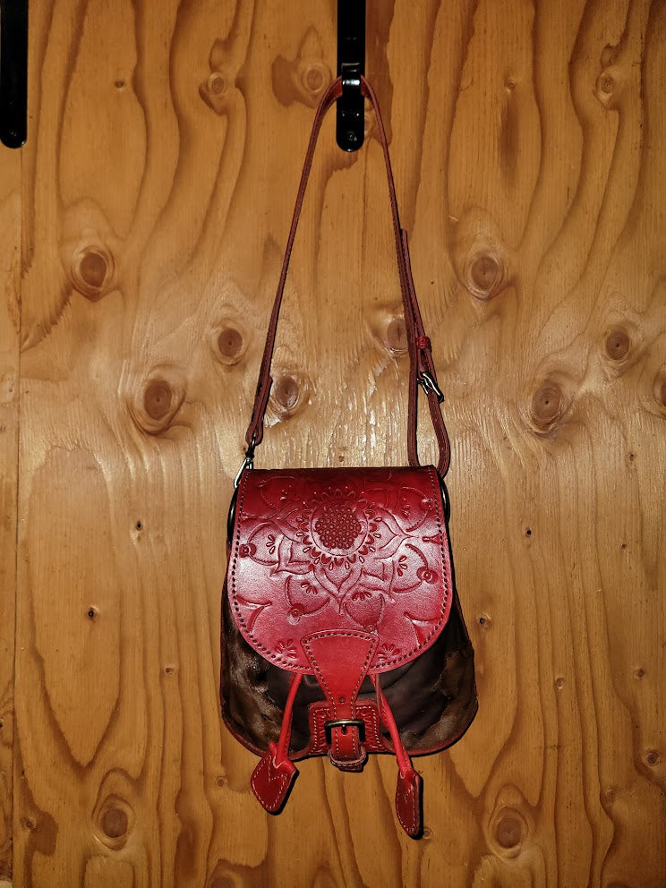 Twin Drawstring Red Tooled and Cow Hide Purse