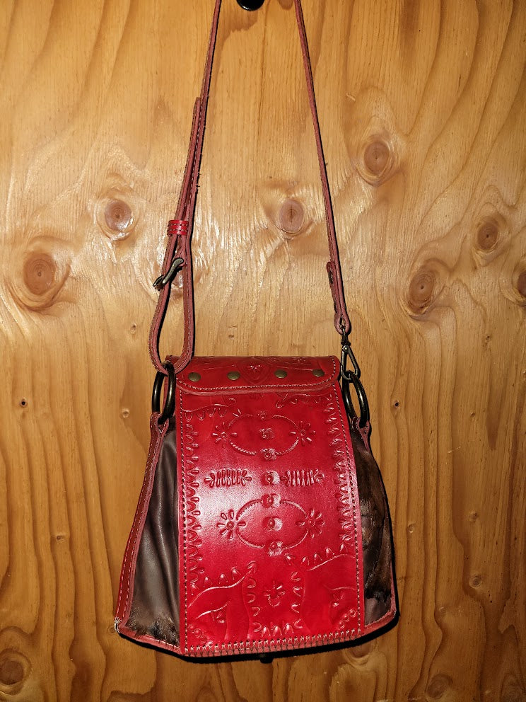 Twin Drawstring Red Tooled and Cow Hide Purse