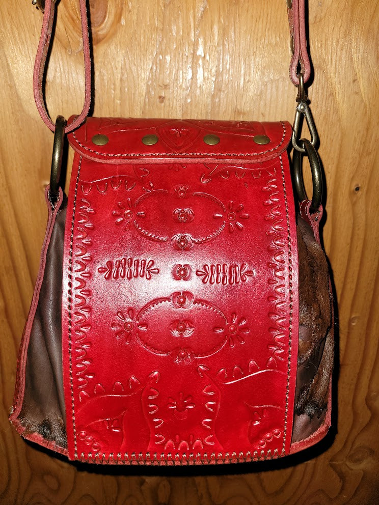 Twin Drawstring Red Tooled and Cow Hide Purse
