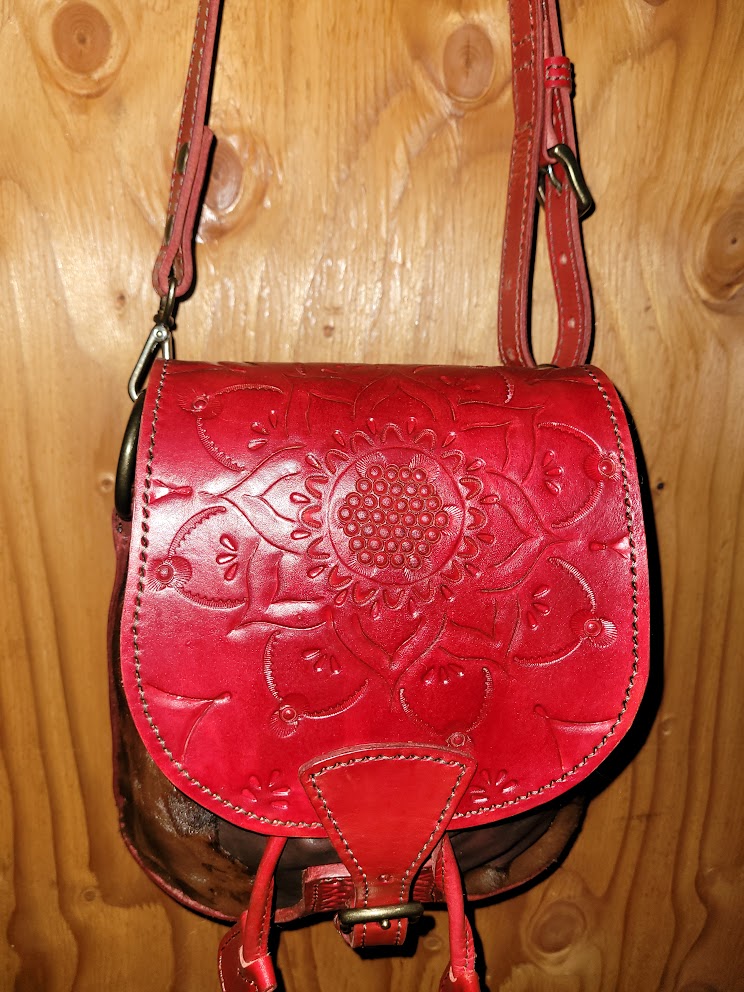 Twin Drawstring Red Tooled and Cow Hide Purse