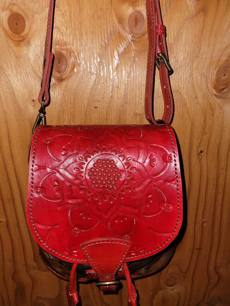 Twin Drawstring Red Tooled and Cow Hide Purse