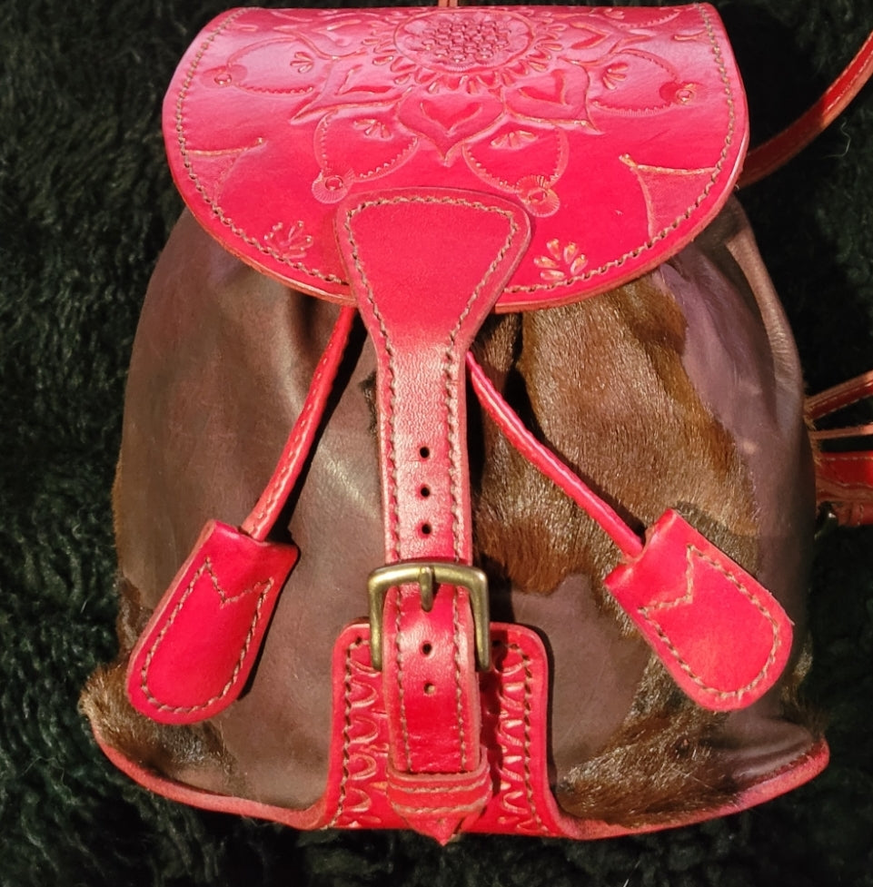 Twin Drawstring Red Tooled and Cow Hide Purse