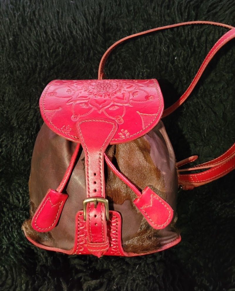 Twin Drawstring Red Tooled and Cow Hide Purse